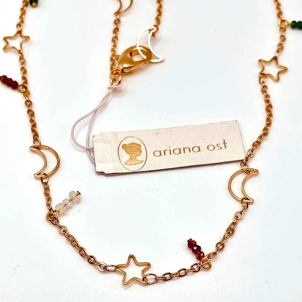 Free people 42” Bellychain- Ariana Ost, Moon and Stars with dripping stones NWOT